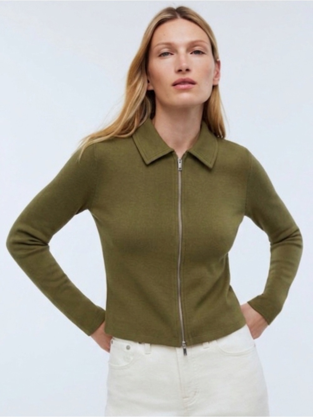 Madewell Ribbed Cotton Zip Front Polo Cardigan Light Sweater Womens Medium Olive